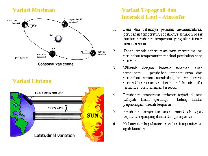 Variasi Musiman Variasi Topografi dan Interaksi Laut - Atmosfer 1. Luas dan dalamnya perairan