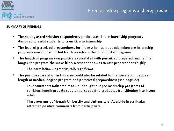 Pre-internship programs and preparedness SUMMARY OF FINDINGS • The survey asked whether respondents participated