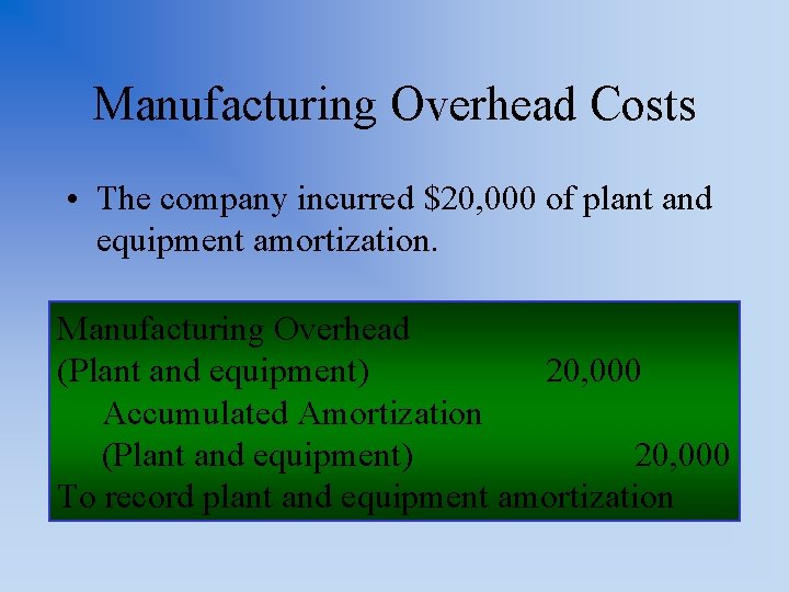 Manufacturing Overhead Costs • The company incurred $20, 000 of plant and equipment amortization.