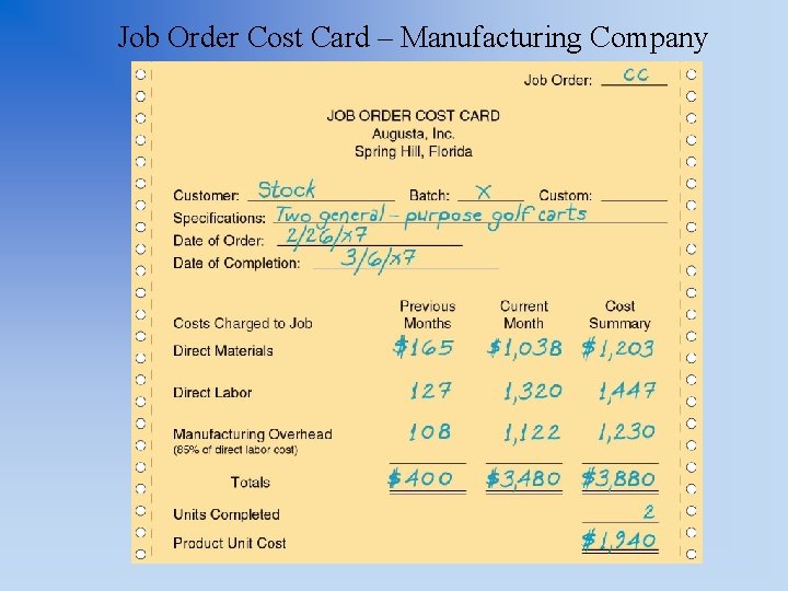 Job Order Cost Card – Manufacturing Company 