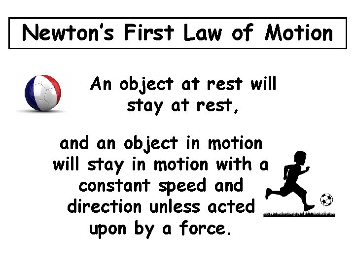 Newton’s First Law of Motion An object at rest will stay at rest, and