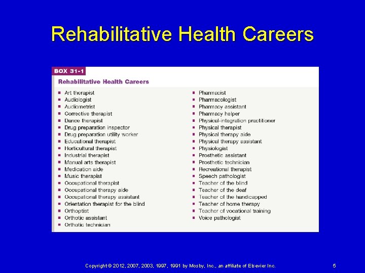 Rehabilitative Health Careers Copyright © 2012, 2007, 2003, 1997, 1991 by Mosby, Inc. ,