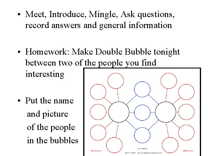  • Meet, Introduce, Mingle, Ask questions, record answers and general information • Homework: