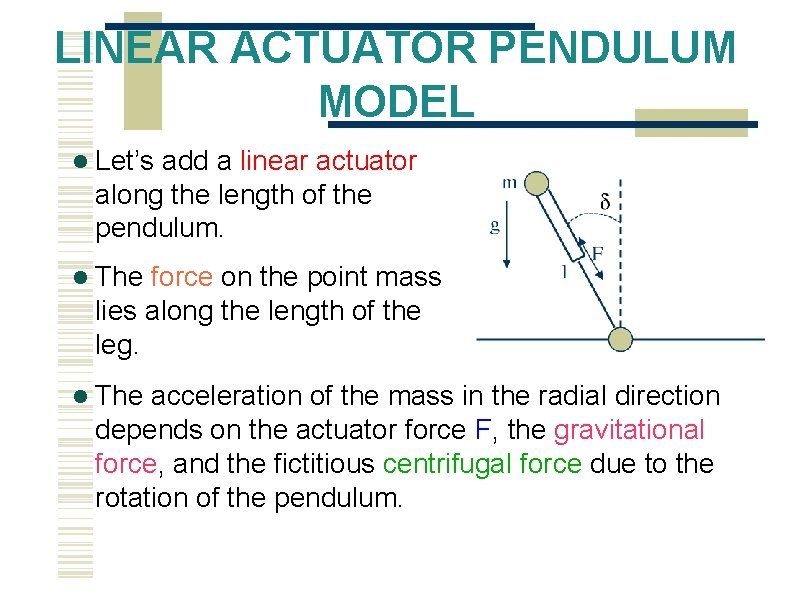 LINEAR ACTUATOR PENDULUM MODEL Let’s add a linear actuator along the length of the