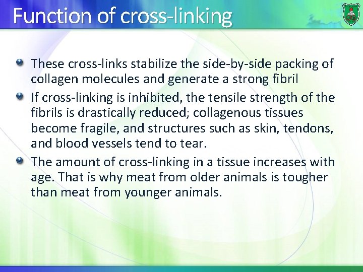 Function of cross-linking These cross-links stabilize the side-by-side packing of collagen molecules and generate