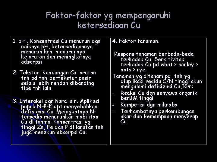 Faktor-faktor yg mempengaruhi ketersediaan Cu 1. p. H. Konsentrasi Cu menurun dgn naiknya p.
