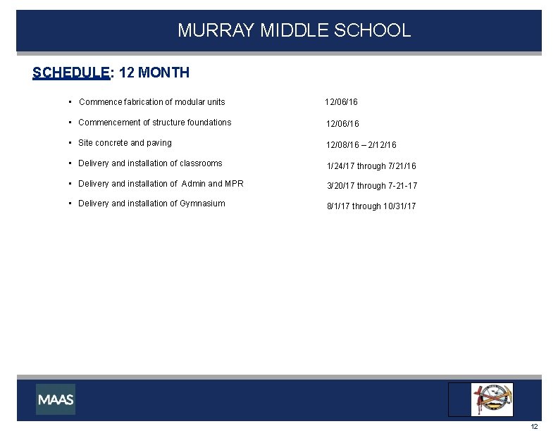 MURRAY MIDDLE SCHOOL SCHEDULE: 12 MONTH • Commence fabrication of modular units 12/06/16 •