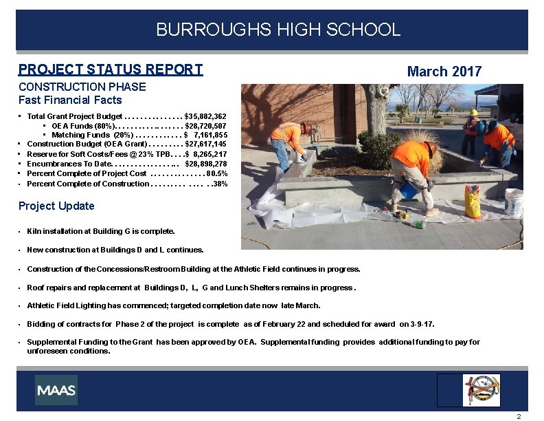 BURROUGHS HIGH SCHOOL PROJECT STATUS REPORT March 2017 CONSTRUCTION PHASE Fast Financial Facts •