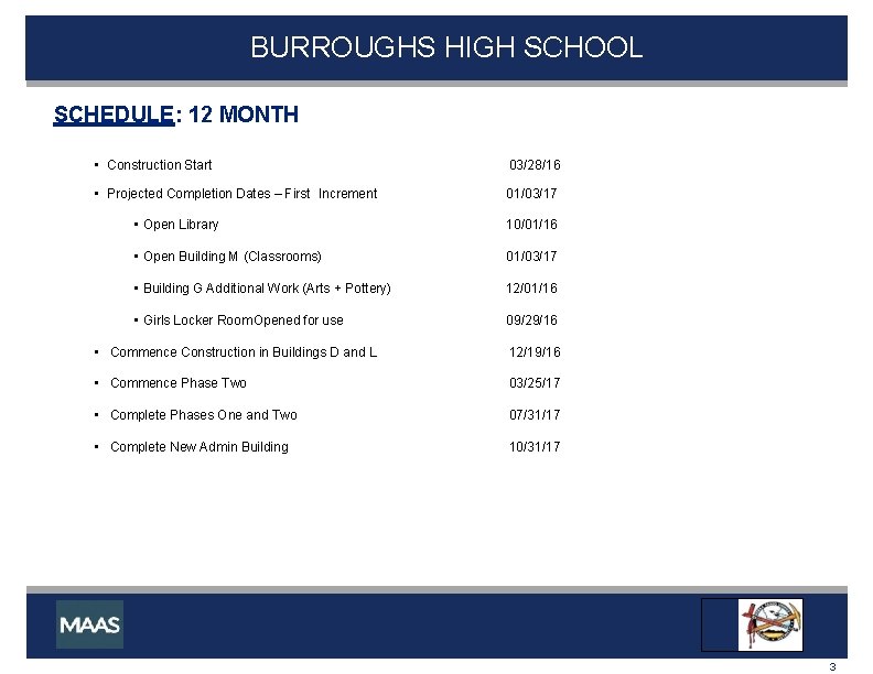BURROUGHS HIGH SCHOOL SCHEDULE: 12 MONTH • Construction Start 03/28/16 • Projected Completion Dates