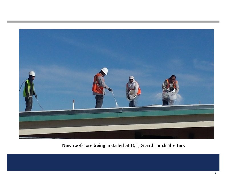New roofs are being installed at D, L, G and Lunch Shelters 7 