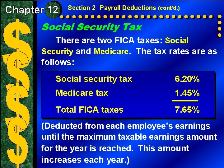 Section 2 Payroll Deductions (cont'd. ) Social Security Tax There are two FICA taxes: