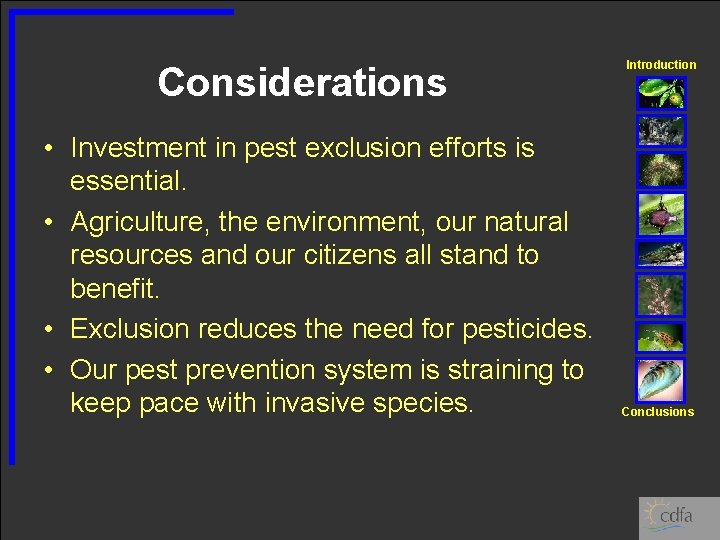 Considerations • Investment in pest exclusion efforts is essential. • Agriculture, the environment, our