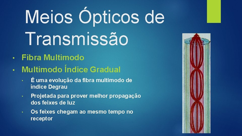 Meios Ópticos de Transmissão • Fibra Multimodo • Multimodo Índice Gradual • É uma