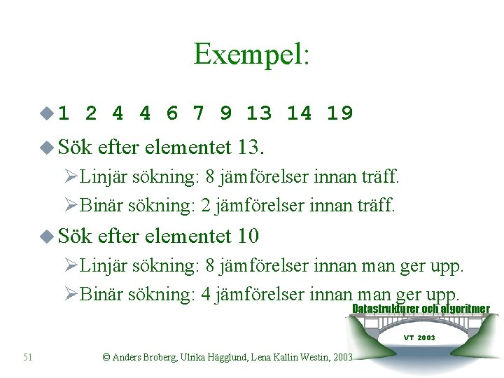 Exempel: u 1 2 4 4 6 7 9 13 14 19 u Sök