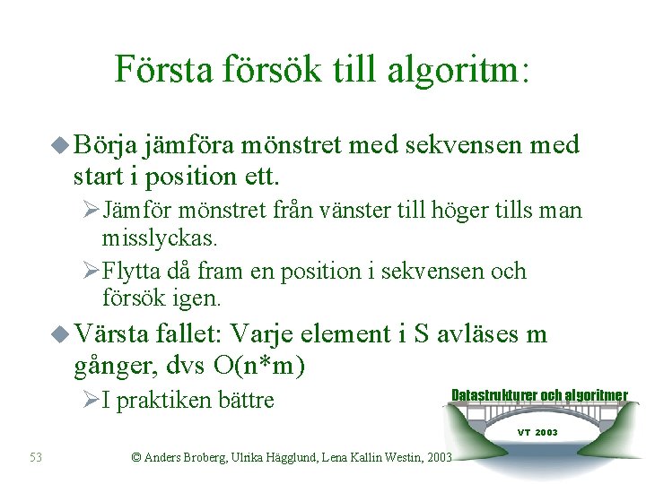 Första försök till algoritm: u Börja jämföra mönstret med sekvensen med start i position