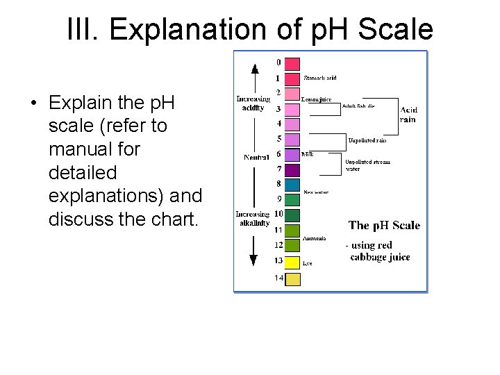 III. Explanation of p. H Scale • Explain the p. H scale (refer to