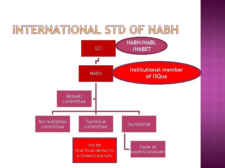 QCI NABH/NABL /NABET Institutional member of ISQua Appeals committee Accreditation committee Technical committee std