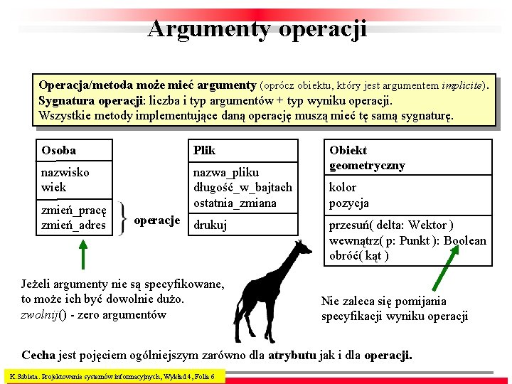 Argumenty operacji Operacja/metoda może mieć argumenty (oprócz obiektu, który jest argumentem implicite). Sygnatura operacji: