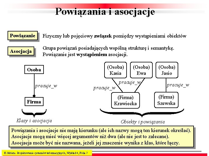 Powiązania i asocjacje Powiązanie Fizyczny lub pojęciowy związek pomiędzy wystąpieniami obiektów Asocjacja Grupa powiązań