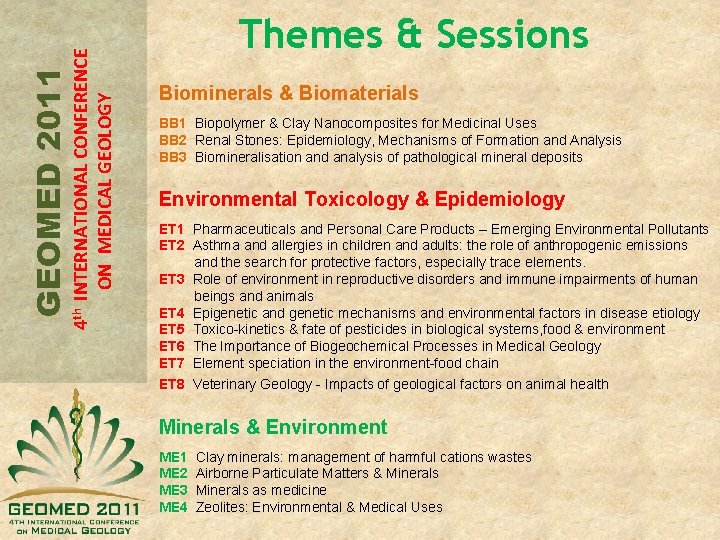 4 th INTERNATIONAL CONFERENCE ON MEDICAL GEOLOGY GEOMED 2011 Themes & Sessions Biominerals &
