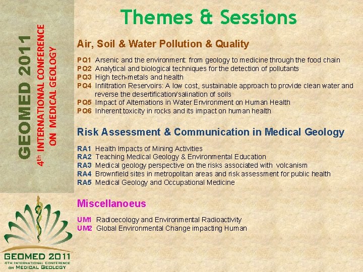 4 th INTERNATIONAL CONFERENCE ON MEDICAL GEOLOGY GEOMED 2011 Themes & Sessions Air, Soil