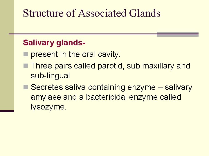 Structure of Associated Glands Salivary glandsn present in the oral cavity. n Three pairs