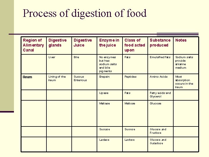 Process of digestion of food Region of Alimentary Canal Ileum Digestive glands Digestive Juice