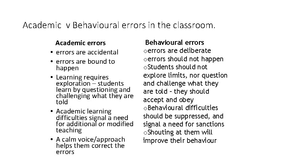 Academic v Behavioural errors in the classroom. • • • Academic errors are accidental