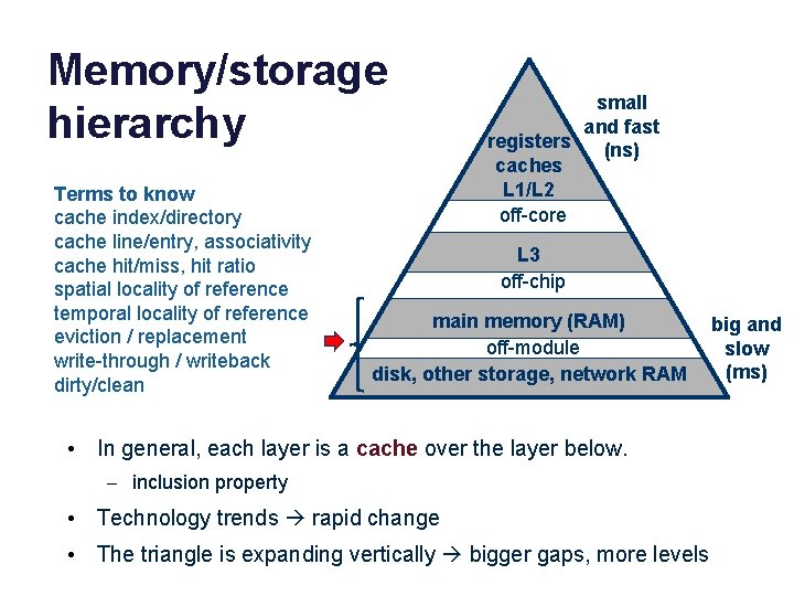 Memory/storage hierarchy Terms to know cache index/directory cache line/entry, associativity cache hit/miss, hit ratio