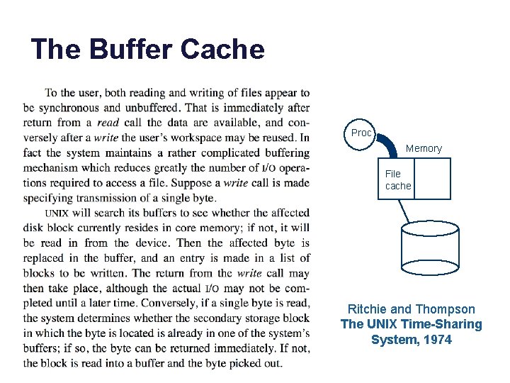The Buffer Cache Proc Memory File cache Ritchie and Thompson The UNIX Time-Sharing System,