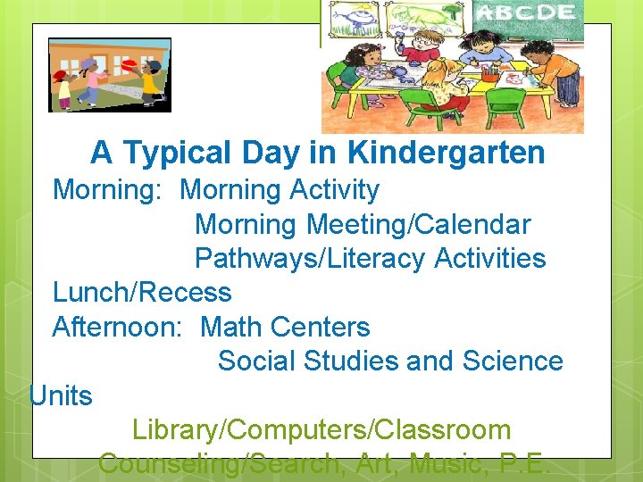 A Typical Day in Kindergarten Morning: Morning Activity Morning Meeting/Calendar Pathways/Literacy Activities Lunch/Recess Afternoon: