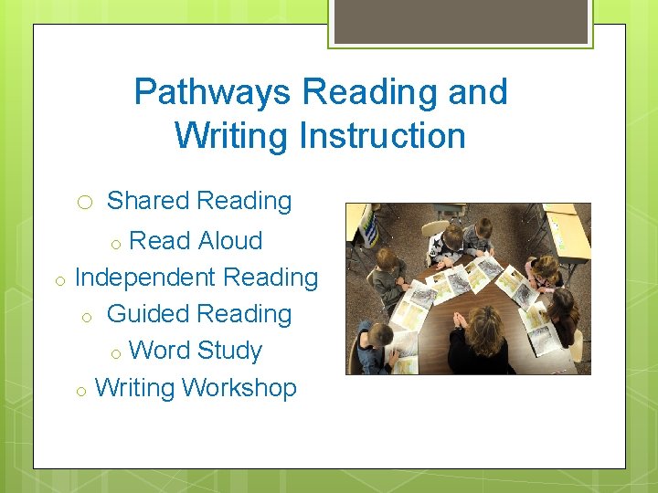 Pathways Reading and Writing Instruction o Shared Reading Read Aloud Independent Reading o Guided