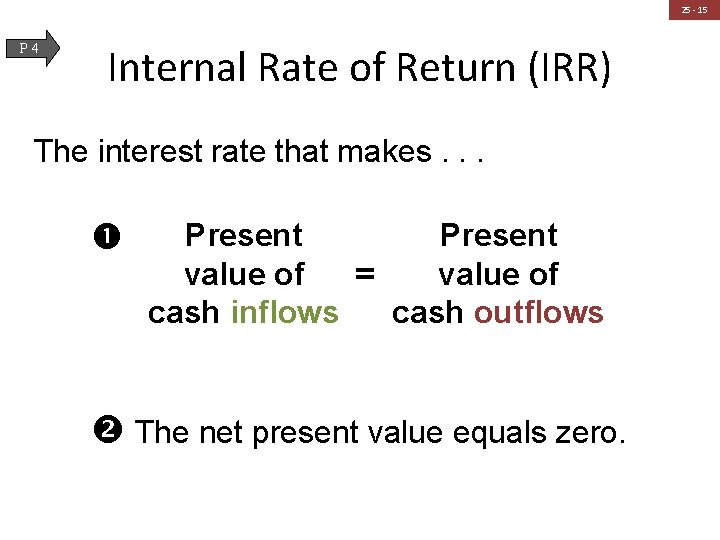 25 - 15 P 4 Internal Rate of Return (IRR) The interest rate that