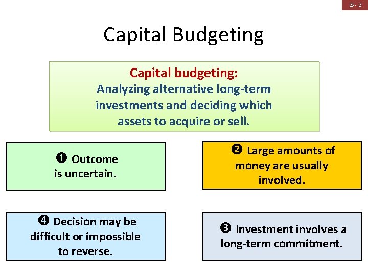 25 - 2 Capital Budgeting Capital budgeting: Analyzing alternative long-term investments and deciding which