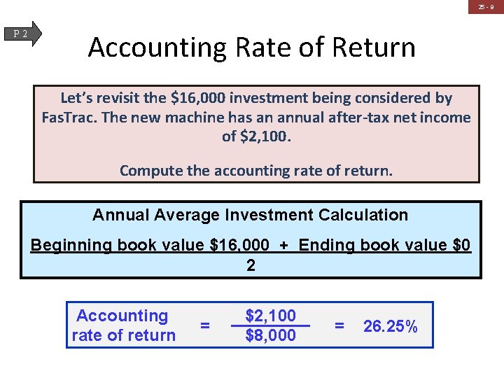 25 - 9 P 2 Accounting Rate of Return Let’s revisit the $16, 000