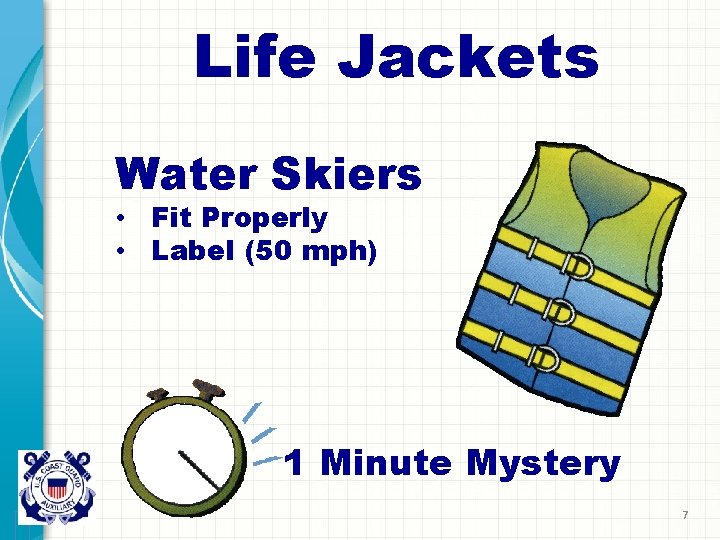 Life Jackets Water Skiers • Fit Properly • Label (50 mph) 1 Minute Mystery