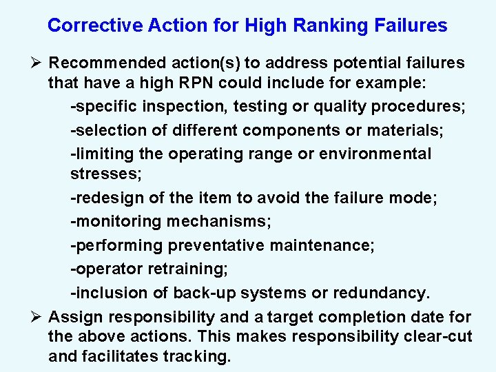 Corrective Action for High Ranking Failures Ø Recommended action(s) to address potential failures that