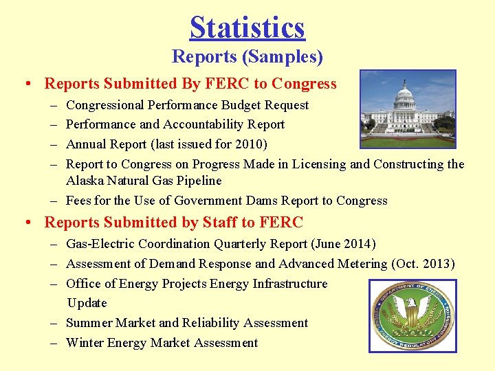 Statistics Reports (Samples) • Reports Submitted By FERC to Congress – – Congressional Performance