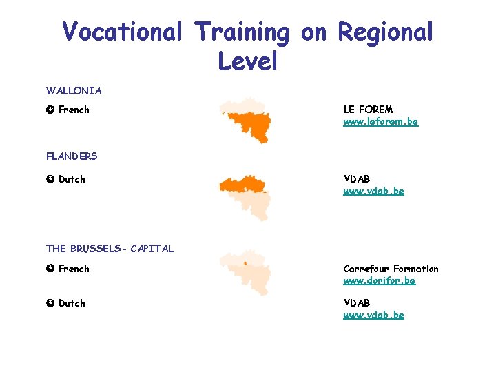 Vocational Training on Regional Level WALLONIA French LE FOREM www. leforem. be FLANDERS Dutch