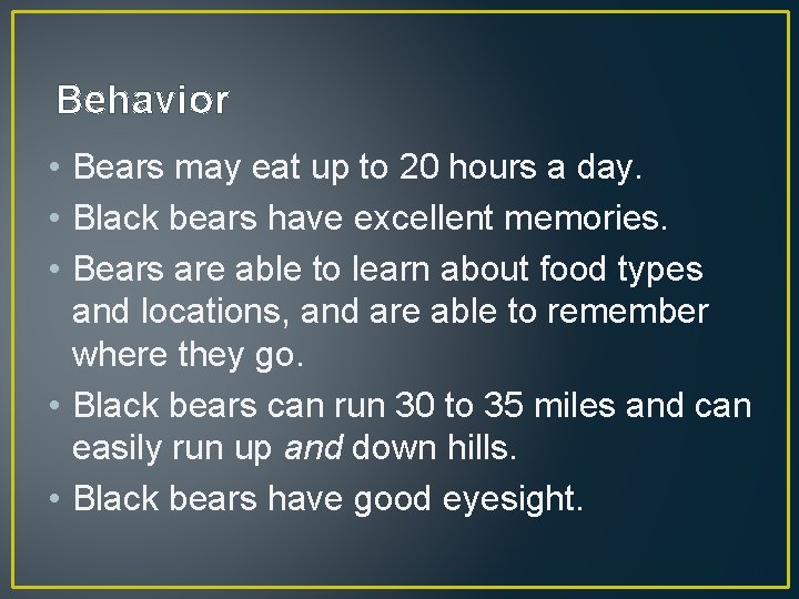 Behavior • Bears may eat up to 20 hours a day. • Black bears