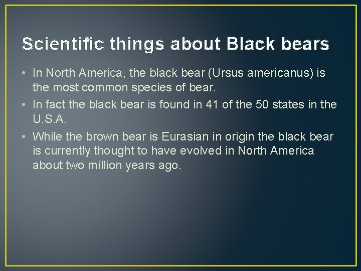 Scientific things about Black bears • In North America, the black bear (Ursus americanus)