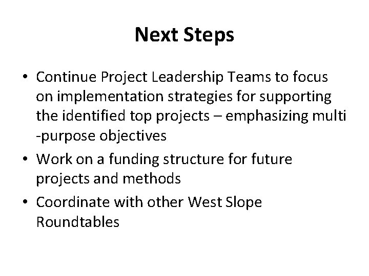Next Steps • Continue Project Leadership Teams to focus on implementation strategies for supporting