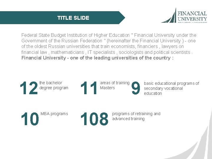 TITLE SLIDE Federal State Budget Institution of Higher Education " Financial University under the