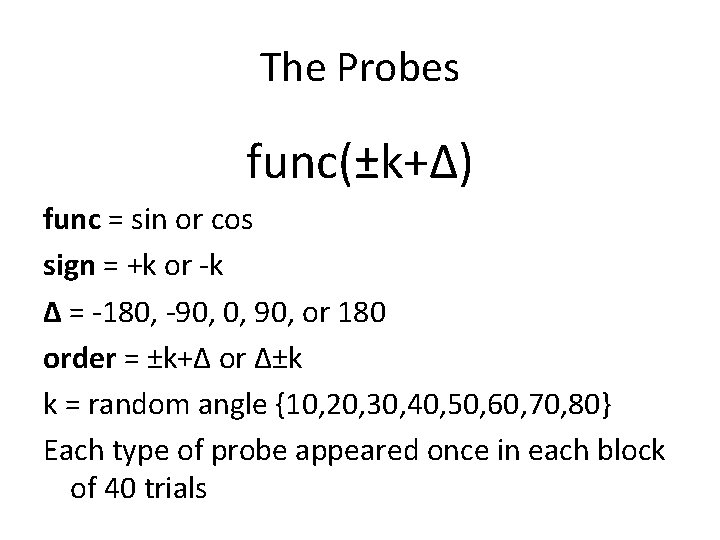 The Probes func(±k+Δ) func = sin or cos sign = +k or -k Δ