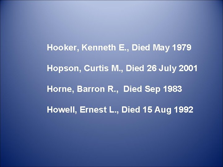 Hooker, Kenneth E. , Died May 1979 Hopson, Curtis M. , Died 26 July