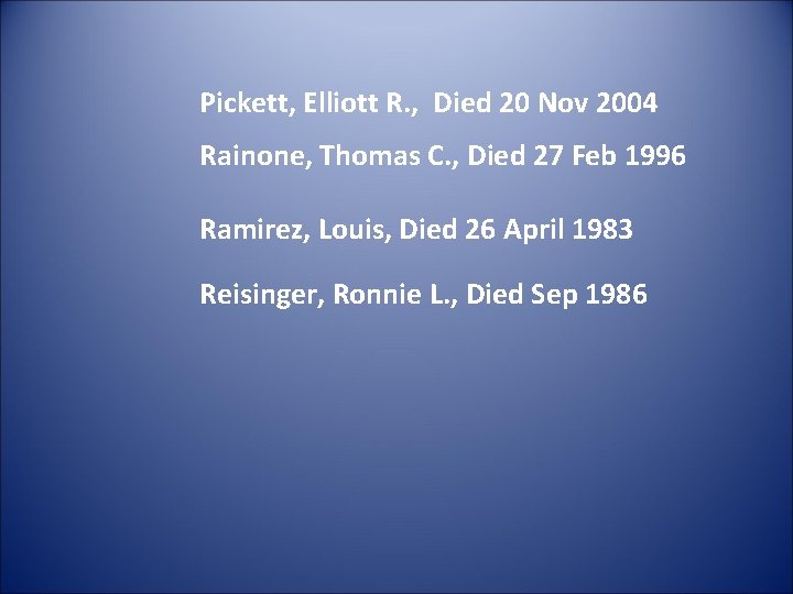 Pickett, Elliott R. , Died 20 Nov 2004 Rainone, Thomas C. , Died 27