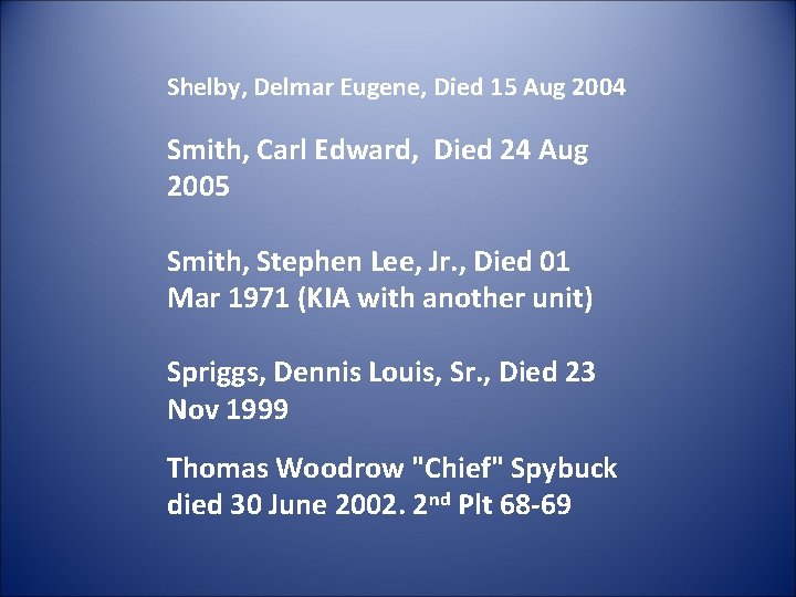 Shelby, Delmar Eugene, Died 15 Aug 2004 Smith, Carl Edward, Died 24 Aug 2005