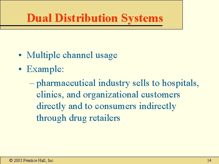 Dual Distribution Systems • Multiple channel usage • Example: – pharmaceutical industry sells to Dual Distribution Systems • Multiple channel usage • Example: – pharmaceutical industry sells to
