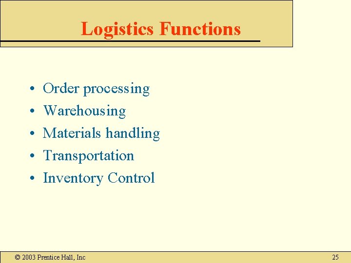 Logistics Functions • • • Order processing Warehousing Materials handling Transportation Inventory Control © Logistics Functions • • • Order processing Warehousing Materials handling Transportation Inventory Control ©