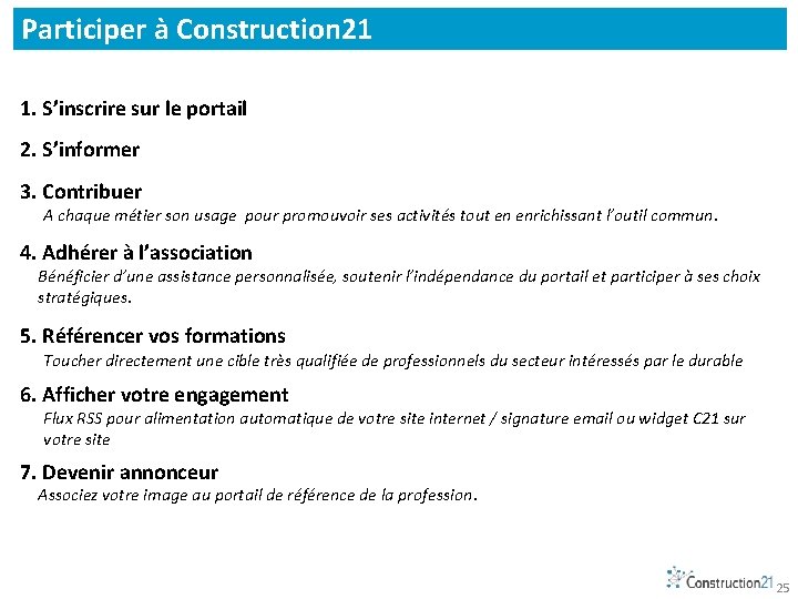 Participer à Construction 21 1. S’inscrire sur le portail 2. S’informer 3. Contribuer A